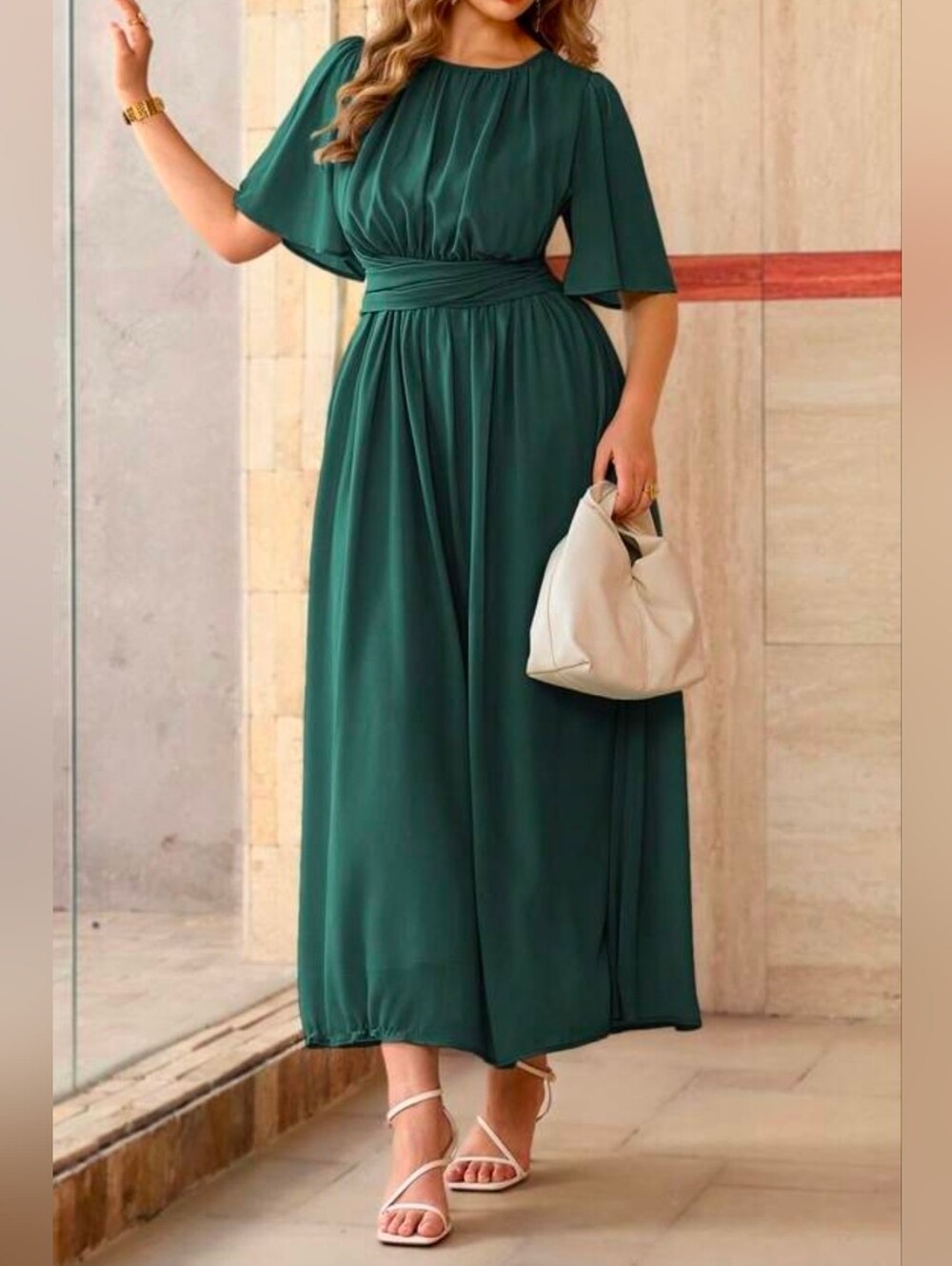 New Flowy Chiffon Gathered Tie Waist Long Dress PLUS Teal Green Blue